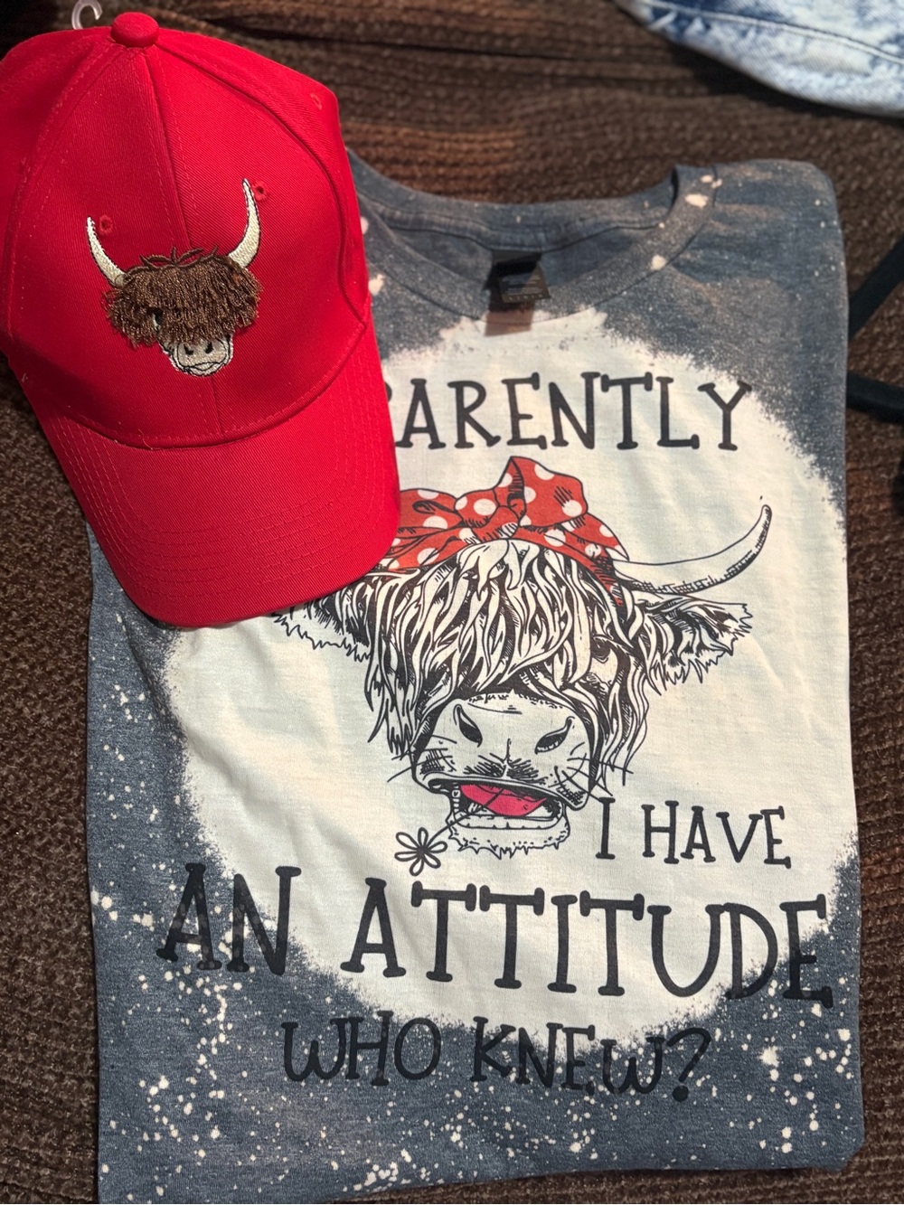 Graphic Tee with Highland Cow Design - Blue & White